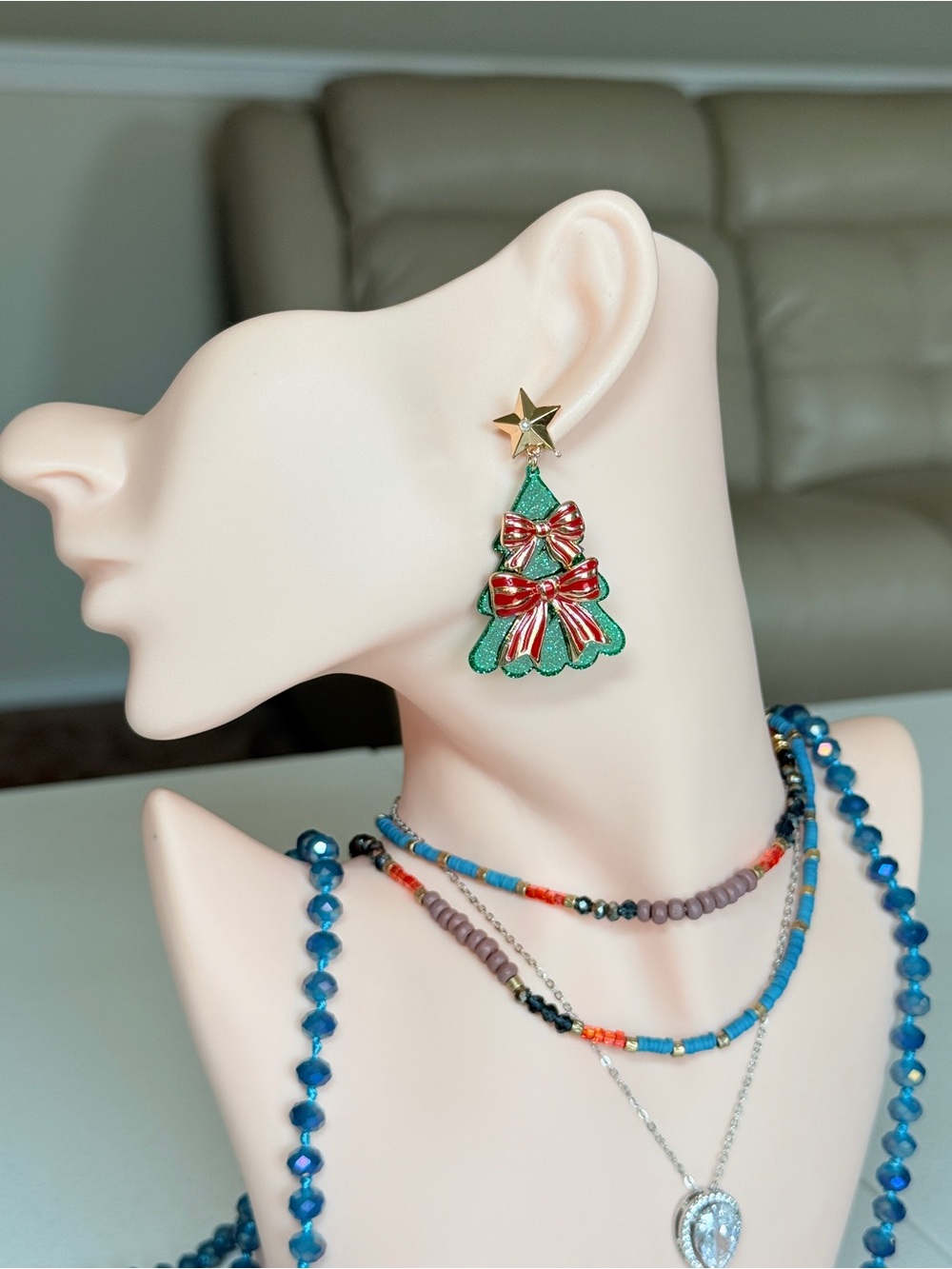 Festive Green Christmas Tree Drop Earrings with Red Bow